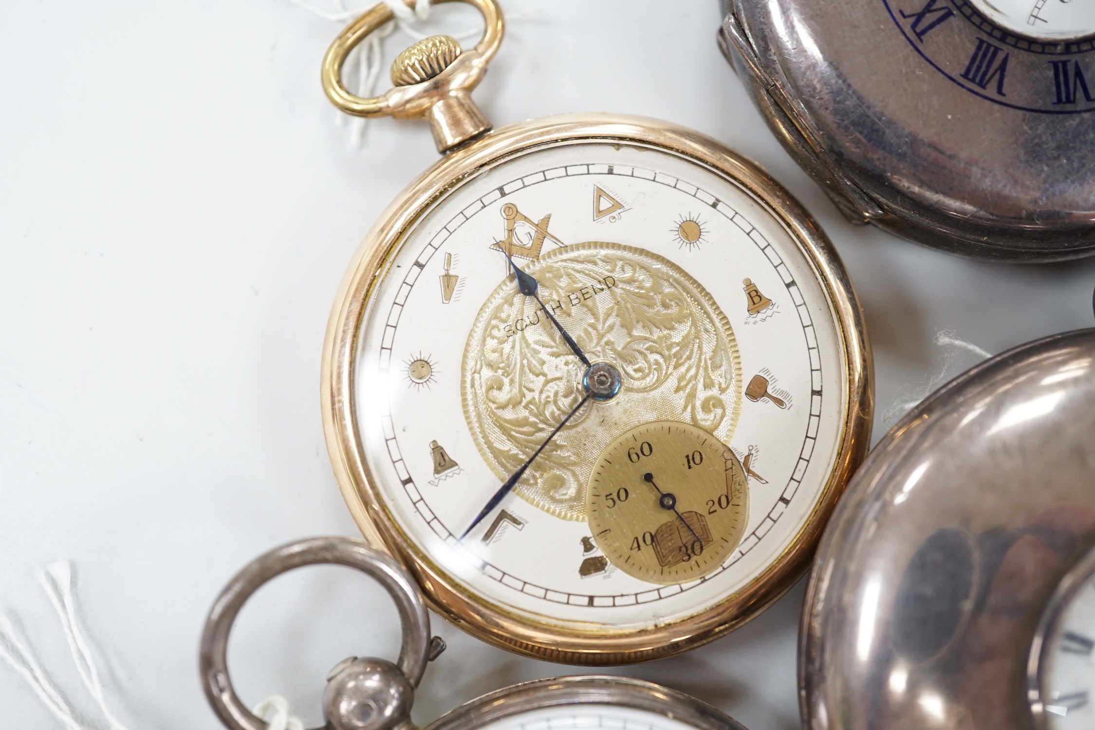 Ten assorted silver or base metal pocket watches including John Walker black dial and a deck watch by H. Golay & Son.